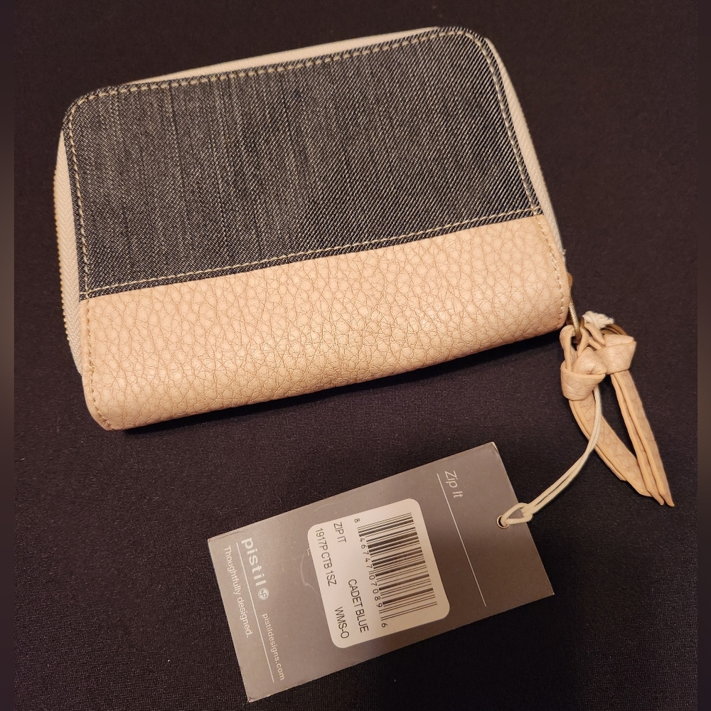 Pistil Brand Zip up Clutch Wallet tan and blue.